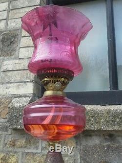 FANTASTIC ANTIQUE VICTORIAN CRANBERRY ETCHED OIL LAMP SHADE FONT & OWL BASE
