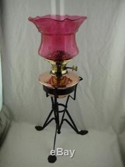 Fabulous Arts & Crafts Messenger's Oil Lamp, Wrought Iron Base, Cranberry Shade