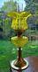 Fabulous Bright Yellow glass brass oil lamp base etched shade burner chimney