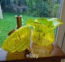 Fabulous Bright Yellow glass brass oil lamp base etched shade burner chimney
