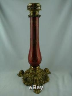 Fabulous Large Oil Lamp Base, Cast Brass Base, Etched Bohemian Ruby Glass Column