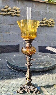 Fabulous Original Victorian French Amber Glass Oil Lamp font shade Bronze Base
