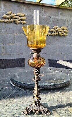 Fabulous Original Victorian French Amber Glass Oil Lamp font shade Bronze Base