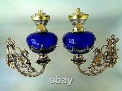 Fabulous Pair Of Victorian Style Griffin Winglike Creature Oil Lamp Wall Sconce