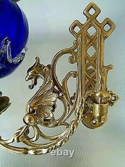 Fabulous Pair Of Victorian Style Griffin Winglike Creature Oil Lamp Wall Sconce