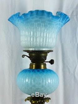 Fabulous Rare Blue Airtrap Mop Cased Glass Duplex Oil Lamp