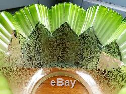 Fabulous Victorian Crimped Rim Lime Green Acid Etched Oil Lamp Shade 4 inch fit