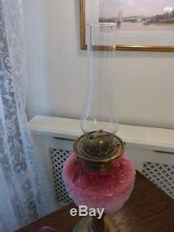 Fabulous old oil lamp with original cranberry glass lovely vintage condition