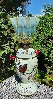 Fantastic Victorian Enamelled Vaseline Uranium Glass Oil Lamp, Walsh Shade, 63cm