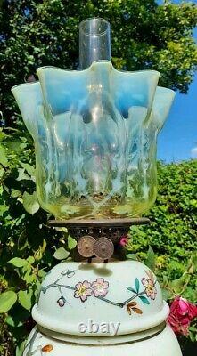 Fantastic Victorian Enamelled Vaseline Uranium Glass Oil Lamp, Walsh Shade, 63cm