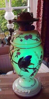 Fantastic Victorian Enamelled Vaseline Uranium Glass Oil Lamp, Walsh Shade, 63cm