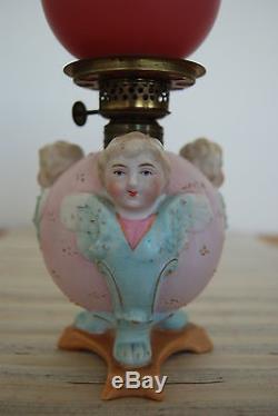 Figural Bisque Porcelain Cherub Angel Miniature Oil Gwtw Kerosene Old Glass Lamp