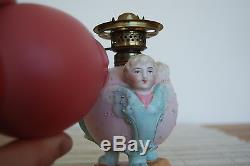 Figural Bisque Porcelain Cherub Angel Miniature Oil Gwtw Kerosene Old Glass Lamp