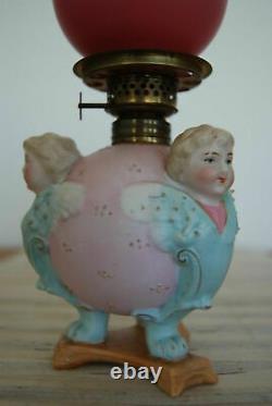 Figural Porcelain Cherub Blue Angel Miniature Oil Pink Glass Victorian Old Lamp