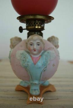 Figural Porcelain Cherub Blue Angel Miniature Oil Pink Glass Victorian Old Lamp