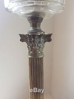 Fine TALL Antique VICTORIAN Duplex OIL LAMP, BRASS COLUMN & Etched Glass SHADE