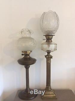 Fine TALL Antique VICTORIAN Duplex OIL LAMP, BRASS COLUMN & Etched Glass SHADE