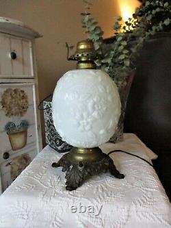 Fostoria Vintage Spider Web Milk Glass Cast Iron Base Converted Antique Oil Lamp