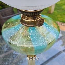 French St Louis Gilt Glass Oil Lamp Shade Glittered Font Cast Brass Onyx Base