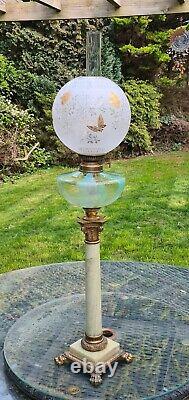 French St Louis Gilt Glass Oil Lamp Shade Glittered Font Cast Brass Onyx Base