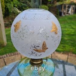 French St Louis Gilt Glass Oil Lamp Shade Glittered Font Cast Brass Onyx Base