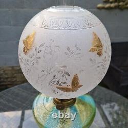 French St Louis Gilt Glass Oil Lamp Shade Glittered Font Cast Brass Onyx Base