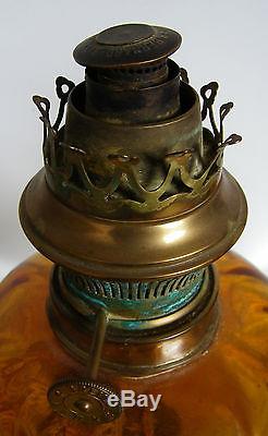 GORGEOUS PAIR ANTIQUE VICTORIAN OIL LAMP BROWN GLASS & ENAMEL PORCELAIN 19th