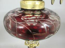 Gorgeous Victorian Bohemian Ruby Overlay Cut Glass Duplex Oil Lamp