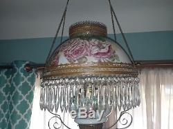 Georgeous Antique Hanging Parlor Lamp Full Of Prisms Oil Burning Library