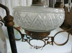 Glass Brass Victorian Hanging Oil Lamp w floral shade Converted to Electric