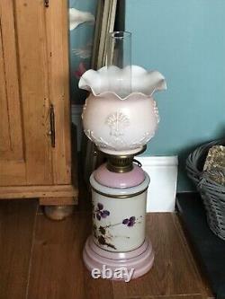 Glass victorian dusky pink table top oil lamp antique