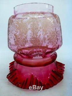 Good Victorian Cranberry Etched Duplex Oil Lamp Shade
