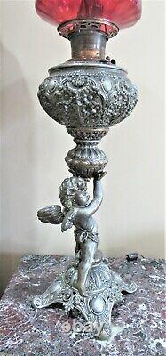 Gorgeous Victorian 1880's Winged Cherub Oil Lamp with Cranberry Swirl Shade