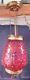 Grand Victorian Cranberry Glass HOBNAIL Hall Oil Lamp Hanging Light ELECTRIFIED