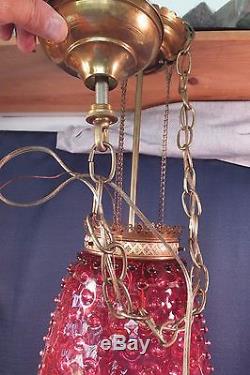 Grand Victorian Cranberry Glass HOBNAIL Hall Oil Lamp Hanging Light ELECTRIFIED