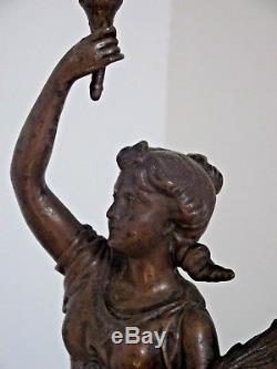 Grand Victorian French Spelter Lady Figurine with Horn Carrying Oil Lamp 635