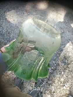 Green antique acid etched oil lamp shade Victorian 4 inch fitter