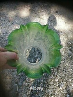Green antique acid etched oil lamp shade Victorian 4 inch fitter