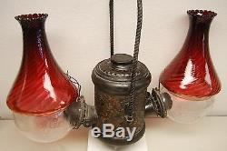 Gwtw Victorian Antique Bronze Arts Crafts Glass Kerosene Oil Angle Hanging Lamp