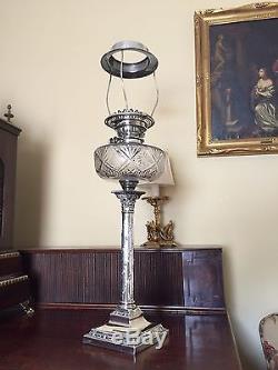 Heavy Victorian Solid Silver Column Oil Lamp Base + Messengers Cut Glass Font