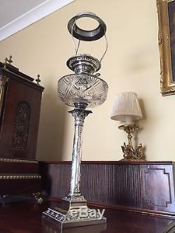 Heavy Victorian Solid Silver Column Oil Lamp Base + Messengers Cut Glass Font
