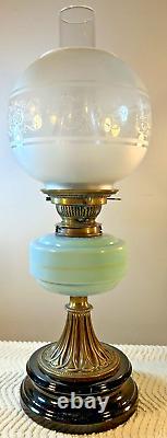 HINKS'S No 2 Lever Duplex Oil Paraffin Lamp Blue Font Chimney Etched Glass Shade