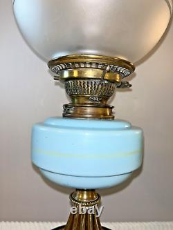 HINKS'S No 2 Lever Duplex Oil Paraffin Lamp Blue Font Chimney Etched Glass Shade