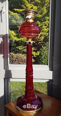 HUGE Antique Victorian Ruby Cranberry Facet Cut Glass 69cm Oil Lamp Base Column