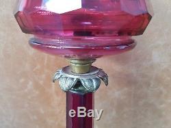 HUGE Antique Victorian Ruby Cranberry Facet Cut Glass 69cm Oil Lamp Base Column