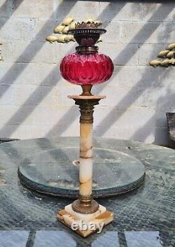 HUGE Original Victorian Heavy French Cranberry Glasd Oil Lamp Font Marble Base