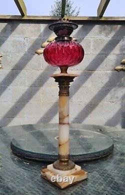 HUGE Original Victorian Heavy French Cranberry Glasd Oil Lamp Font Marble Base