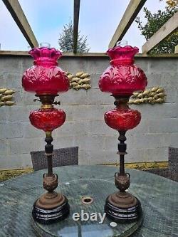 HUGE Pair Original Antique Cranberry Ruby Embossed Mould Glass Duplex Oil Lamps