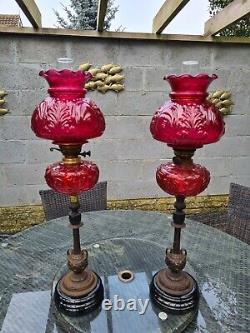 HUGE Pair Original Antique Cranberry Ruby Embossed Mould Glass Duplex Oil Lamps