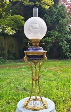 HUGE Rare St Louis French Empire Oil Lamp Glass Cobalt Blue Font Crystal Shade
